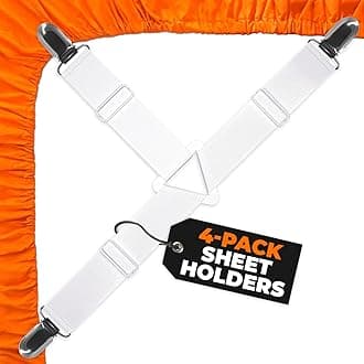 5 STARS UNITED Bed Sheet Straps Set | Easy to Use Adjustable Elastic Fasteners with Metal Clips | Sheet Holders for Corners | Fitted Sheet Clips to Hold Sheets in Place | (4 Pcs White)