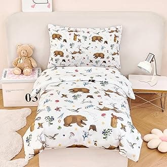 PERFEMET 4-Piece Toddler Bedding Set-Reversible Woodland Animal Toddler Bed Sets for Boys Girls-Soft Lightweight Cartoon Bear Deer Print Toddler Bed Comforter with Sheets for All Season