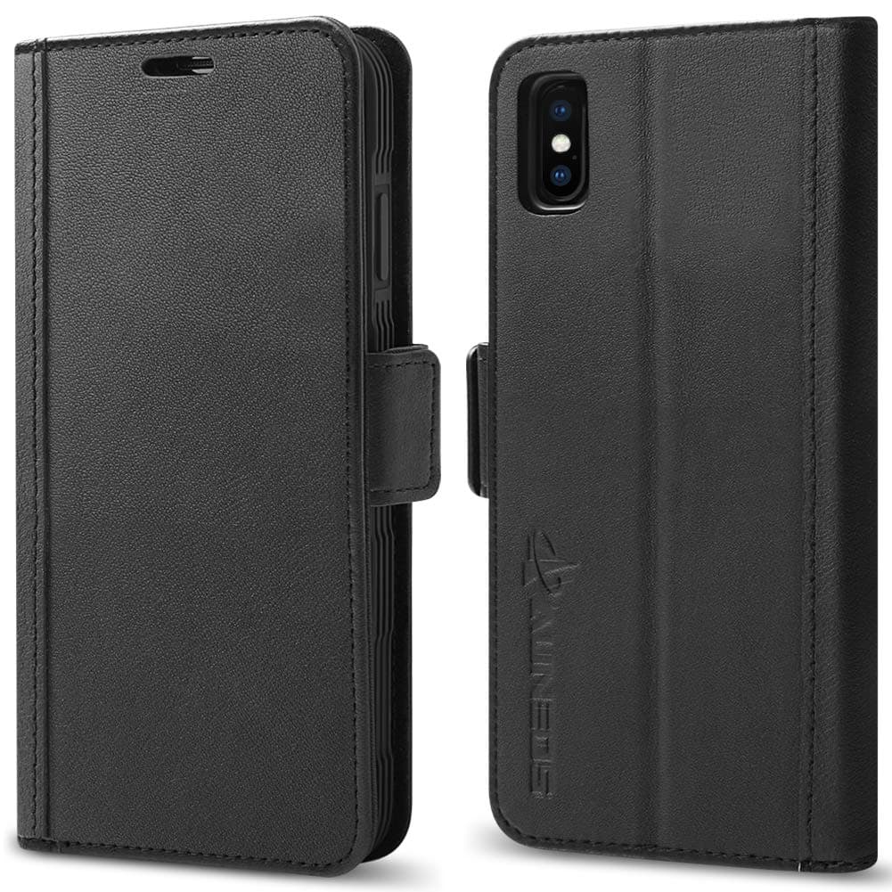 iPhone Xs Max Wallet Case [3D Full Cover] AUNEOS Premium Leather Case for iPhone Xs Max (6.5’’) [Genuine Leather] [Card Slots] [Flip Stand] Folio Flip Case Cover for iPhone Xs Max (6.5’’) (Black)