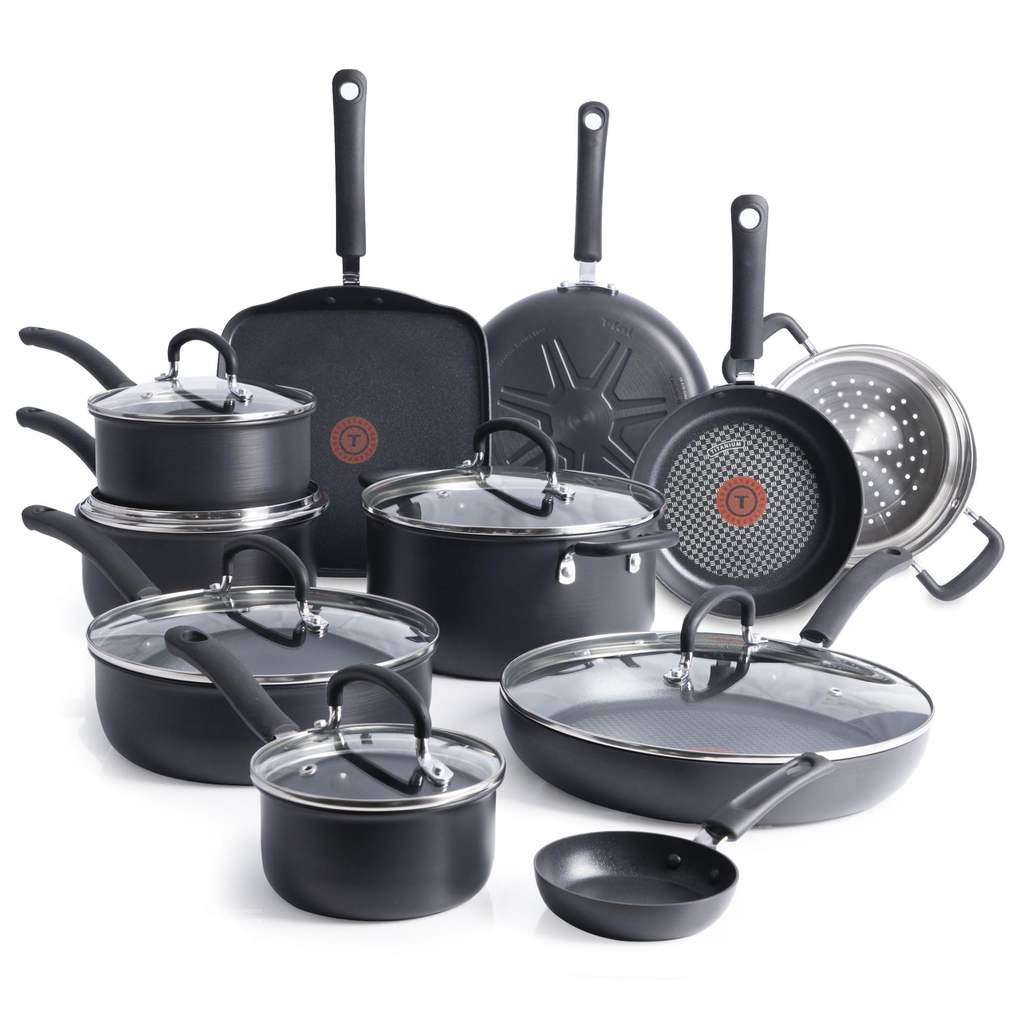 T-fal E765SH Ultimate Hard Anodized Scratch Resistant Titanium Nonstick Thermo-Spot Heat Indicator Anti-Warp Base Dishwasher Safe Oven Safe PFOA Free Cookware Set, 17-Piece, Gray
