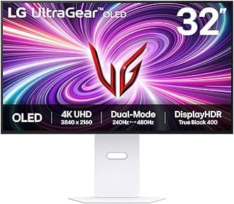 UltraGear OLED Gaming Monitor 32GS95UV-W, 32 inch UHD, Dual mode 4K: 240Hz / FHD: 480Hz, 0.03ms Response Time, NVIDIA G-Sync & AMD FreeSync Premium Pro, 7W Stereo speakers, DisplayPort, HDMI 2.1