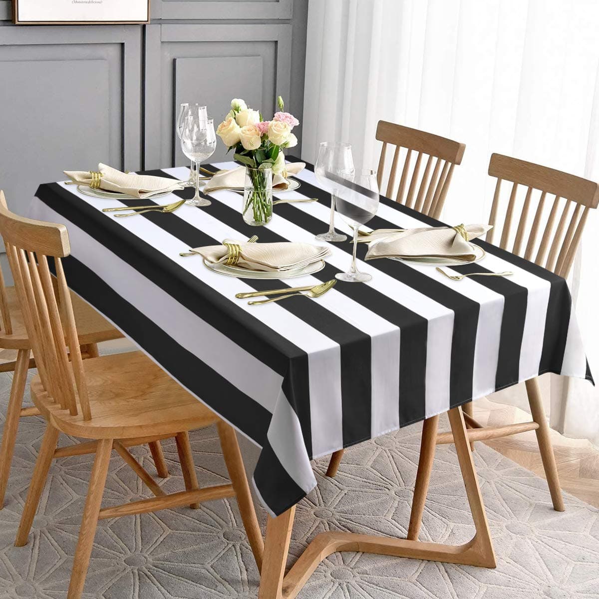 ASPMIZ Black and White Striped Tablecloth for Rectangle Tables, Geometric Stripe Waterproof Table Cloth for Kitchen Dining Room, Polyester Tablecloth Rectangle 60โ x 120โ