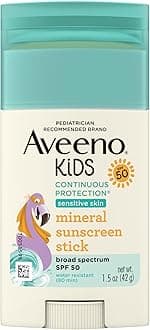 Kids Continuous Protection Zinc Oxide Mineral Sunscreen Stick for Sensitive Skin, Face & Body Sunscreen Stick for Kids with Broad Spectrum SPF 50, Sweat- & Water-Resistant, 1.5 oz