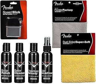 Fender Guitar Super Care Kit Bundle with Speed Stick String Cleaner, Custom Shop Deluxe Guitar Care System 4 Pack, Super-Soft Dual-Sided Microfiber Cloth, and Fender Factory Microfiber Cloth