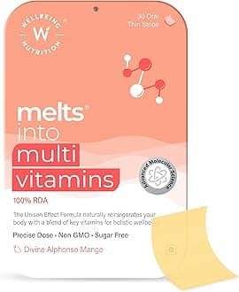WELLBEING NUTRITION Melts Complete Plant Based Multivitamin with 100% RDA of Vitamin A, Vitamin B-Complex, Vitamin C, D3 + K2, Ashwagandha for Immunity, Heart, Energy (30 Oral Strips)