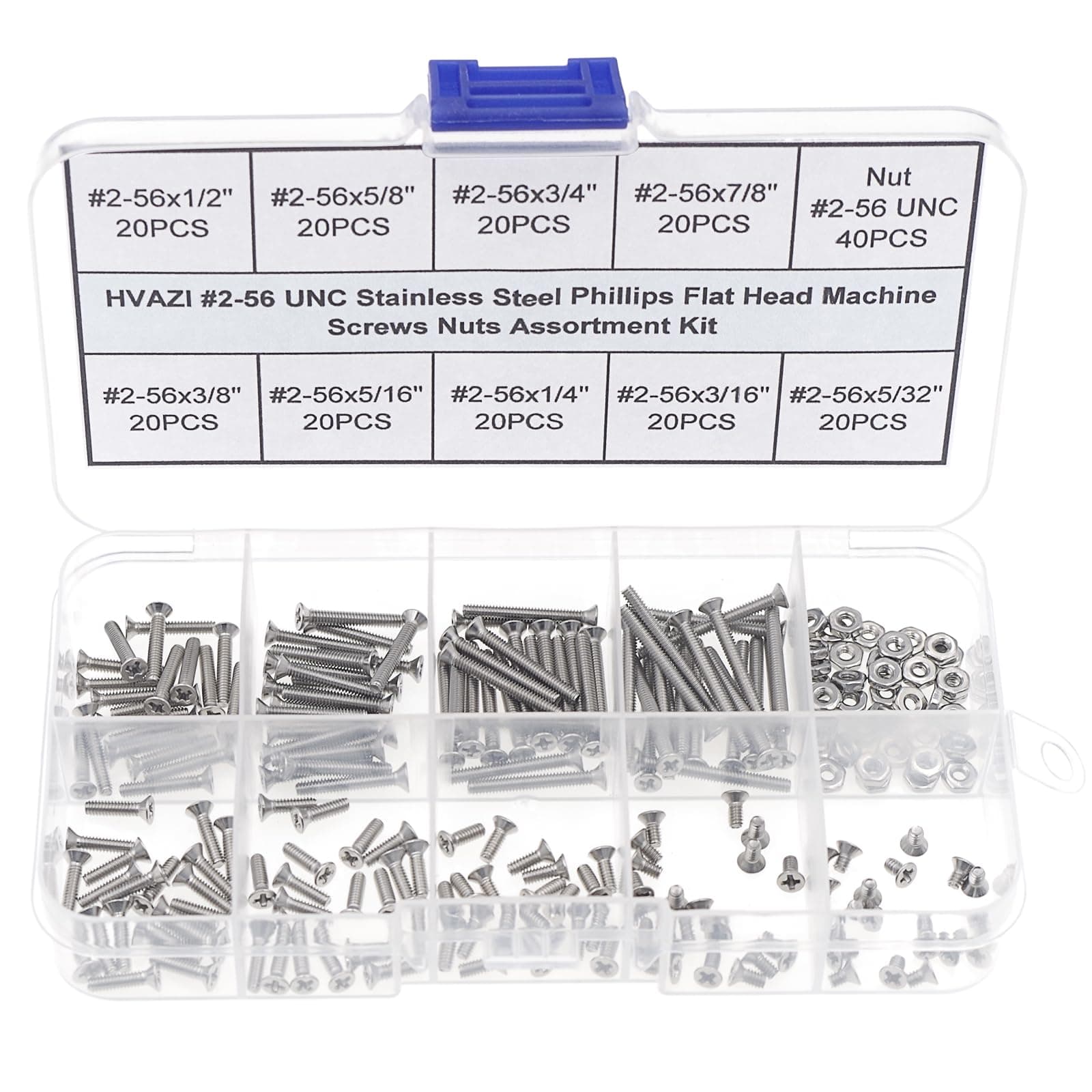 HVAZI #2-56 UNC Stainless Steel Phillips Flat Head Machine Screws Nuts Assortment Kit