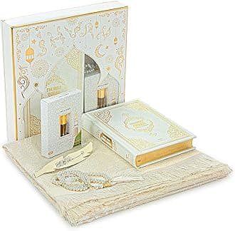 ihvan online Prayer Gift Set for Hajj and Umrah, Muslim Prayer Rug, Prayer Mat, Beads Taasbih, Holy Quran Translated English, Muslim Praying Mat, Islamic Gift Set for Ramadan & Eid, White