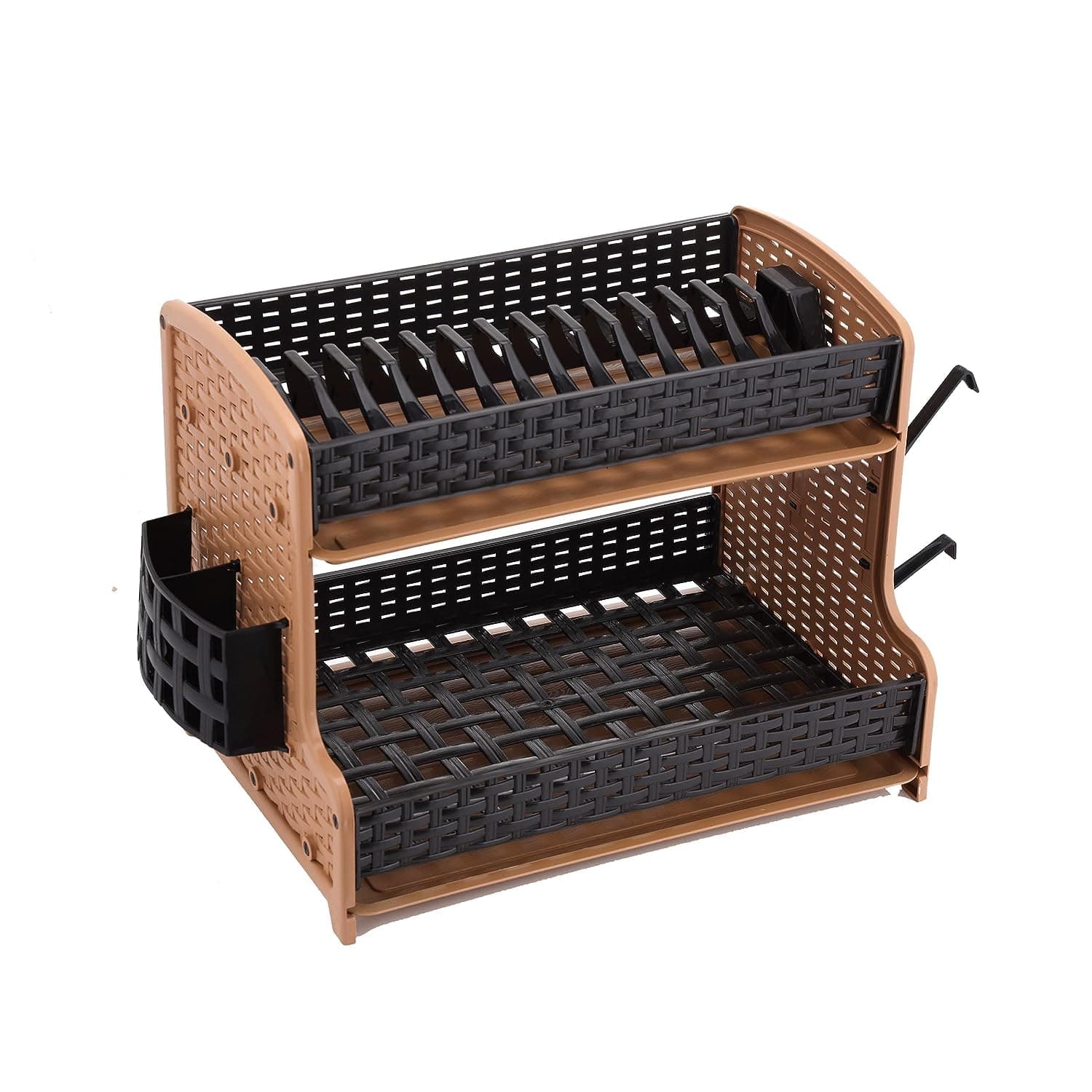RoyalFord Galaxy 2 Layer Rattan Dish Rack, Plastic Drip Tray, RF10798 Multi Purpose Tier Rack with Cup Holder & Cutlery for Kitchen Countertop, Multicolor