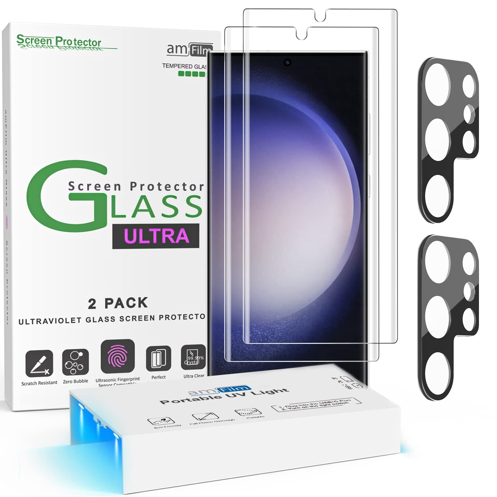 2+2 Screen Protector Compatible with Samsung Galaxy S23 Ultra Tempered Glass and Camera Lens Protector 5G 6.8 inch, Fingerprint Sensor Compatible, UV Gel Adhesive Installation(2 Pack)