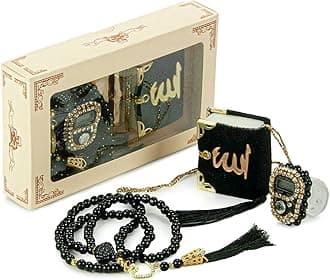 İhvan Online Mini Velvet Quran Set with Islamic Finger Counter, Portable Digital Tasbeeh, Muslim Prayer Beads, Pearl Zikirmatic Beads, 3 Pieces Gift Set for Mevlüt (Black)