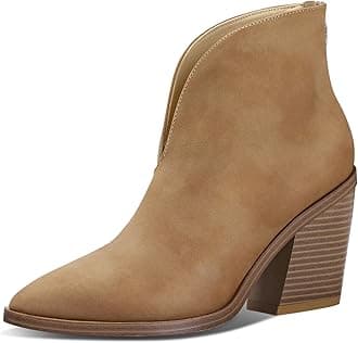 mysoft Women's V Cut Out Ankle Boots Slip On Pointed Toe Chunky Stacked Heel Booties