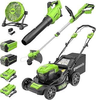 Greenworks 40V 21" Self-Propelled Lawn Mower,Axial Leaf Blower(500 CFM / 120 MPH),13" String Trimmer, 10" Tablet Fan (AC/DC), Includes 2 Batteries(5Ah+2Ah) & Chargers