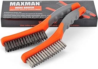 MAXMAN Wire Brush Set, Heavy Duty Stainless Steel and Carbon Steel Wire Brushes for Cleaning Rust, Grill, Dirt, Paint Removal, Welding, Stiff Bristle Metal Brush with 10" Plastic Handle, Large, 2Pcs