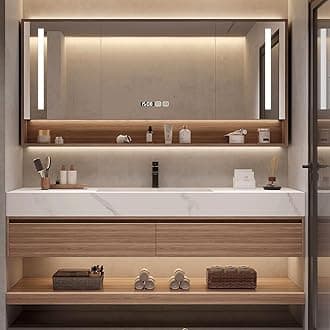 Wood Bathroom Vanity Set - LED Defogging Mirror | Wall Mounted Bathroom Vanity with Sink Include Open Storage & Mirror Cabinet Storage & 2 Drawers (52'')