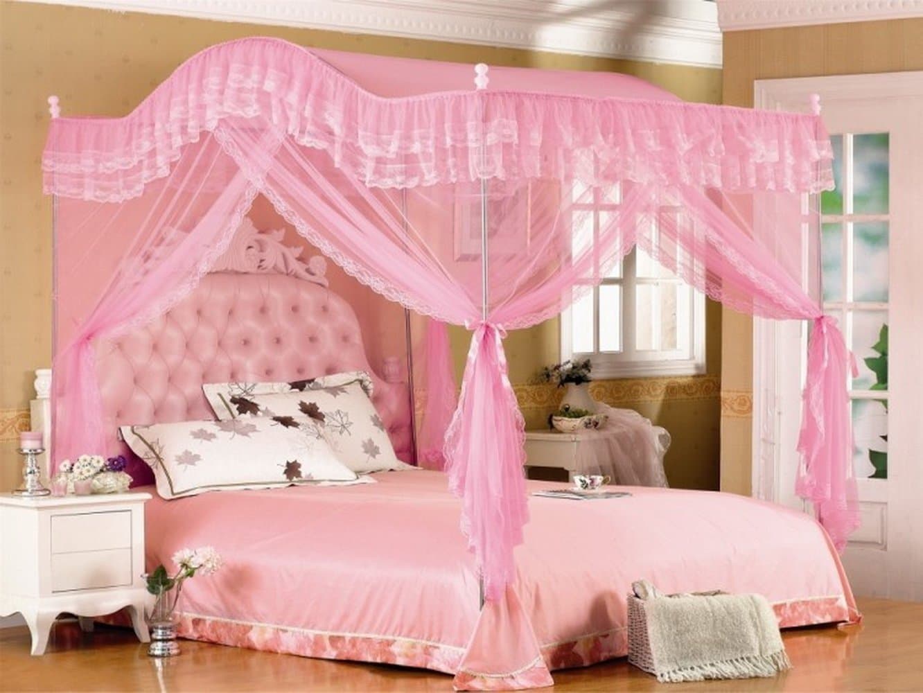 Pink Arched Four Corner Square Princess Bed Canopy Mosquito Netting (Twin-XL)