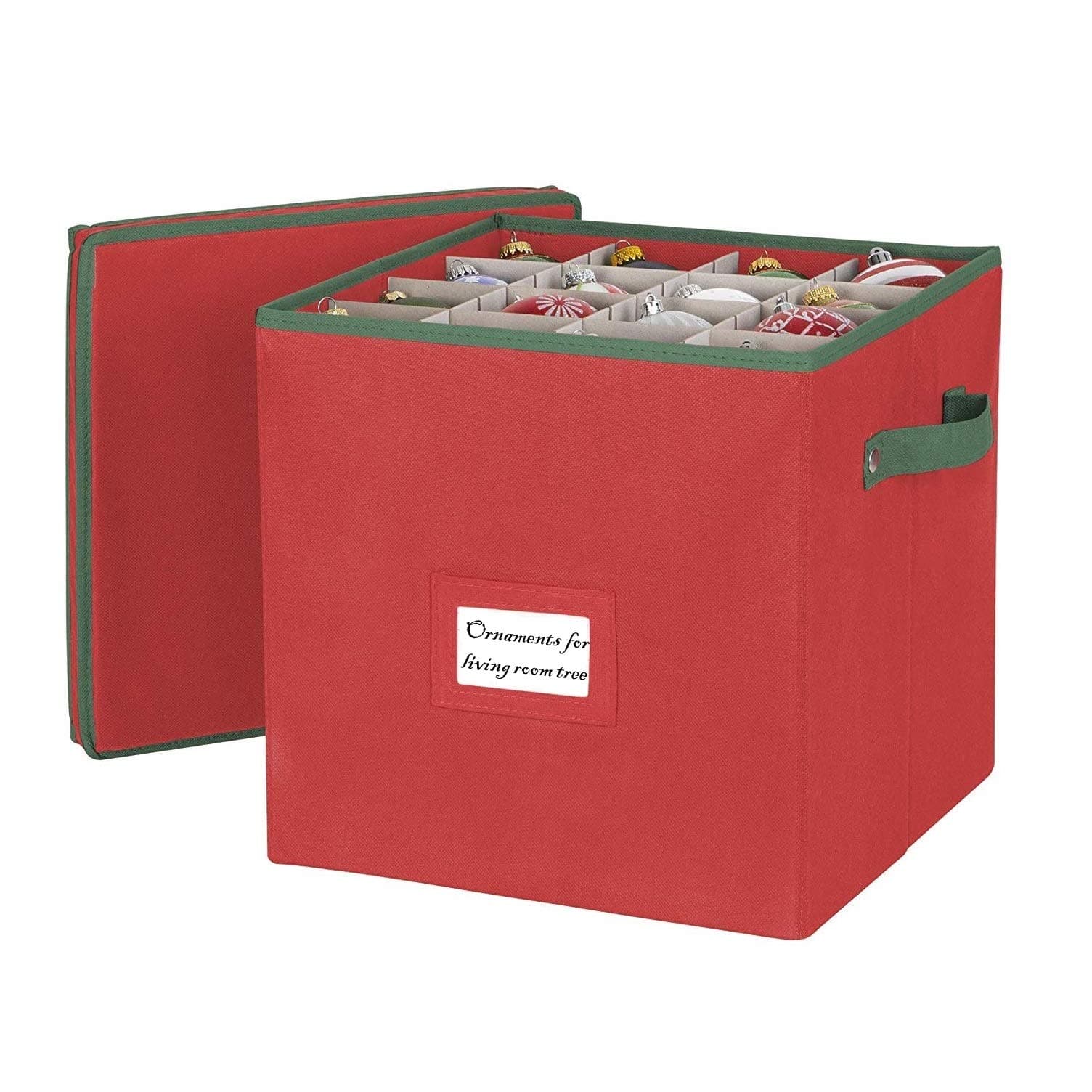 Holiday Ornaments Storage Cube with 64 Individual Compartments - Made with Non-Woven Polypropylene Fabric - Removable Top and Convenient Handle.