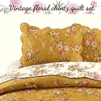 Cozy Line Home Fashions Perry Mustard Yellow Floral Blooming Flower Printed 100% Cotton Vintage Quilt Bedding Set Reversible Coverlet Bedspread (Camellia, King - 3 Piece)