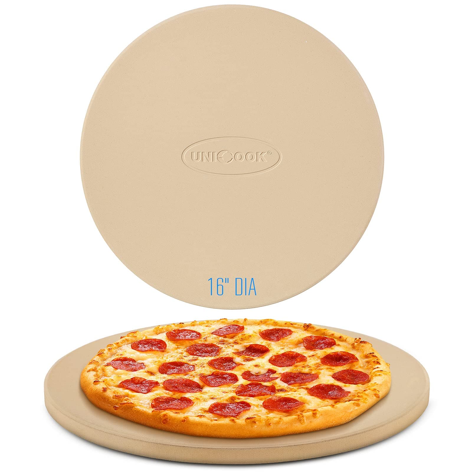Unicook Pizza Stone, Large Cordierite Baking Stone for Oven and BBQ, Heavy Duty Grill Pizza Slab with Scraper, Ideal for Baking, Round, Dia: 40.6cm