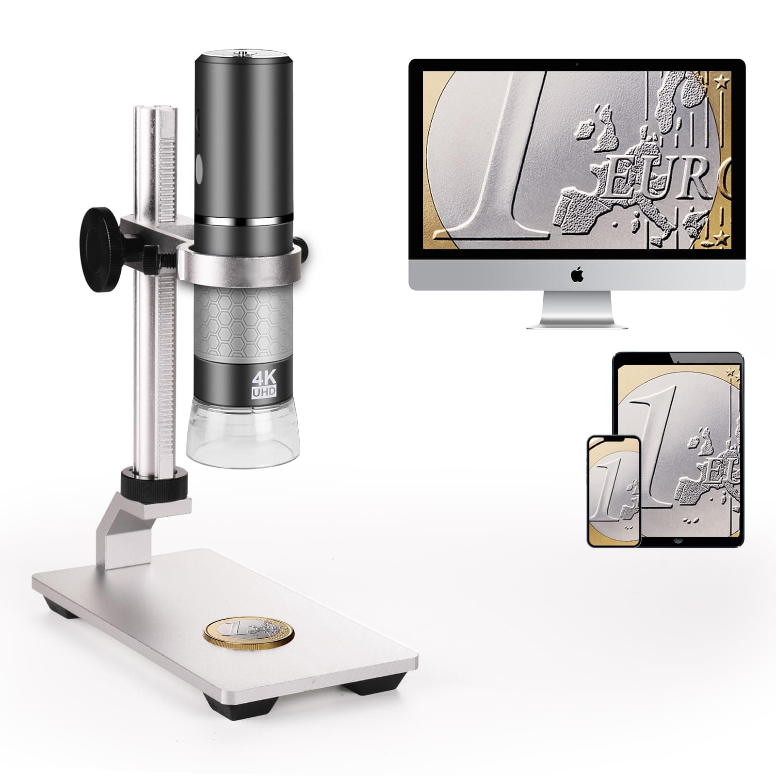 4K 3840x2160p WiFi Digital Microscope Camera with Adjustable Metal Stand, Wireless Portable Microscope for Smart Phones and Windows Mac PC