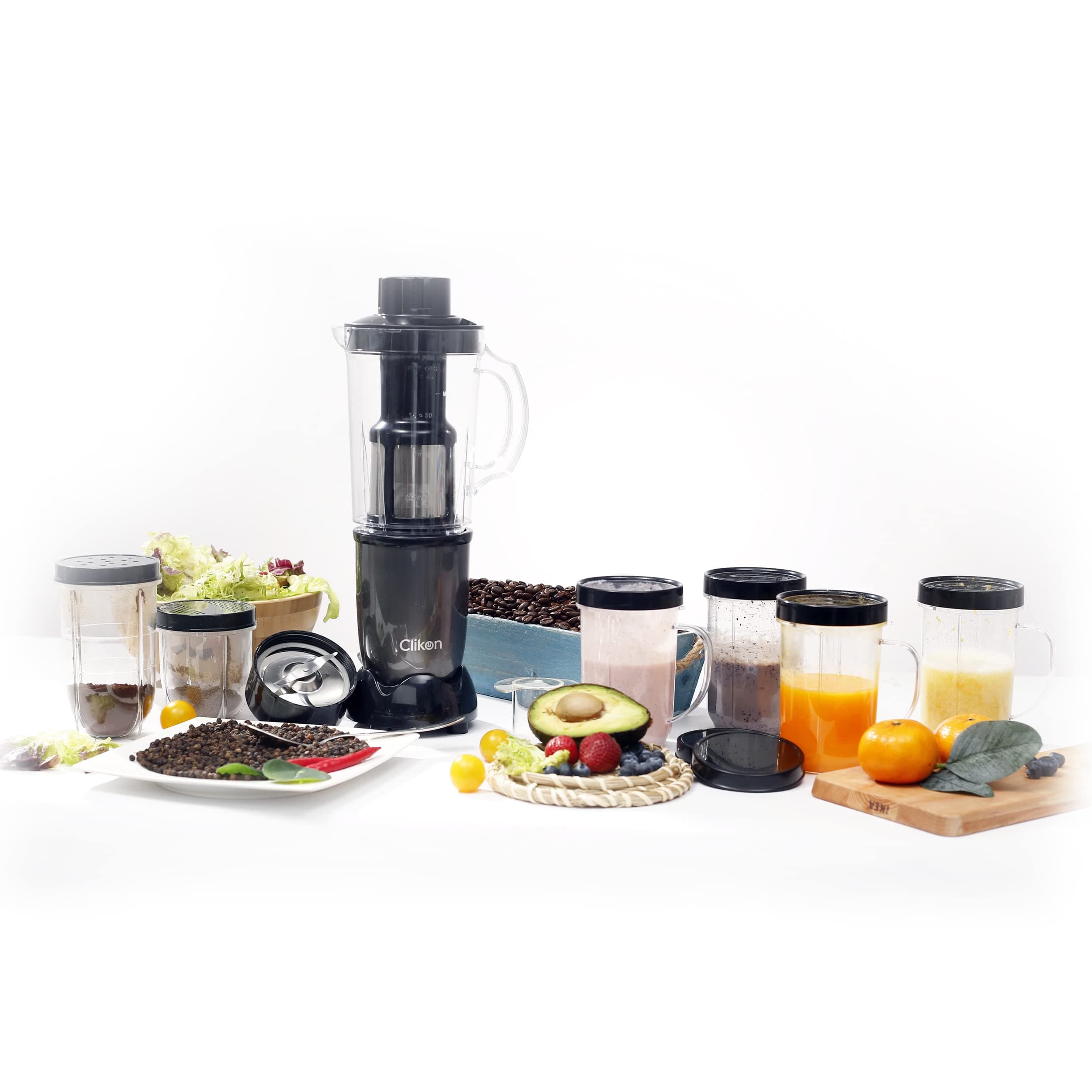 Clikon Nutri-8 Smoothie Maker with 8 Different Attachments, Stainless Steel Blades, Interlock Switch, Anti-slip rubber Feet, 400 Watts, 2 Years Warranty, Grey - CK2642