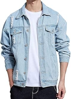 Rexcyril Men's Distressed Denim Jacket Casual Ripped Holes Button Down Trucker Jacket Jean Coat