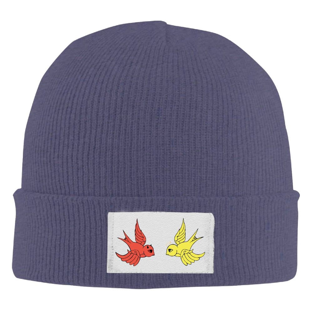 Winter Devil and Angel Birds Skull Cap Womens Black Elastic Rib Knit