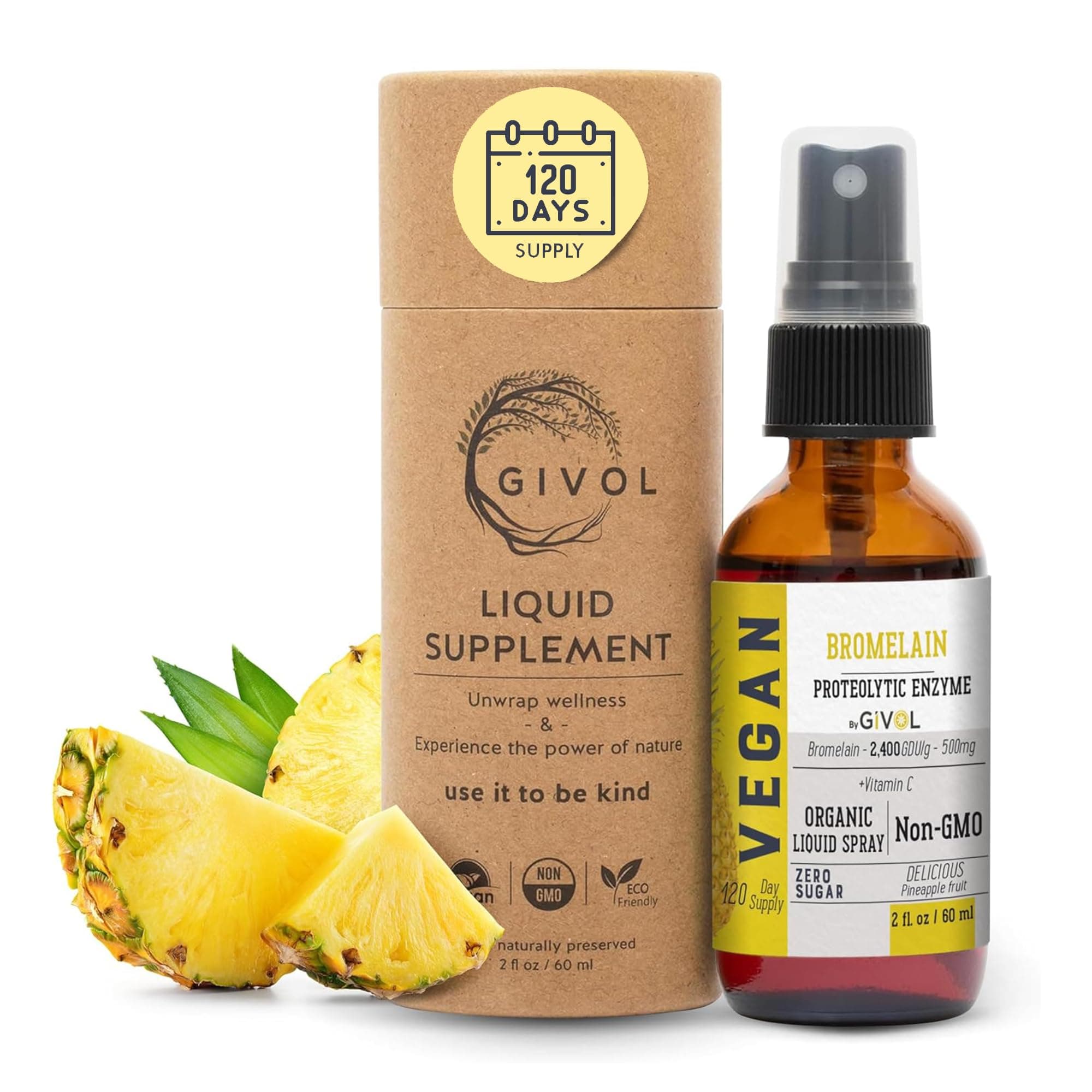 Organic Raw Bromelain Mist-Liquid Pineapple Extract - Enhanced Potency 500mg, for Kids & Adults - Non-GMO - 60ml 120 Day Supply