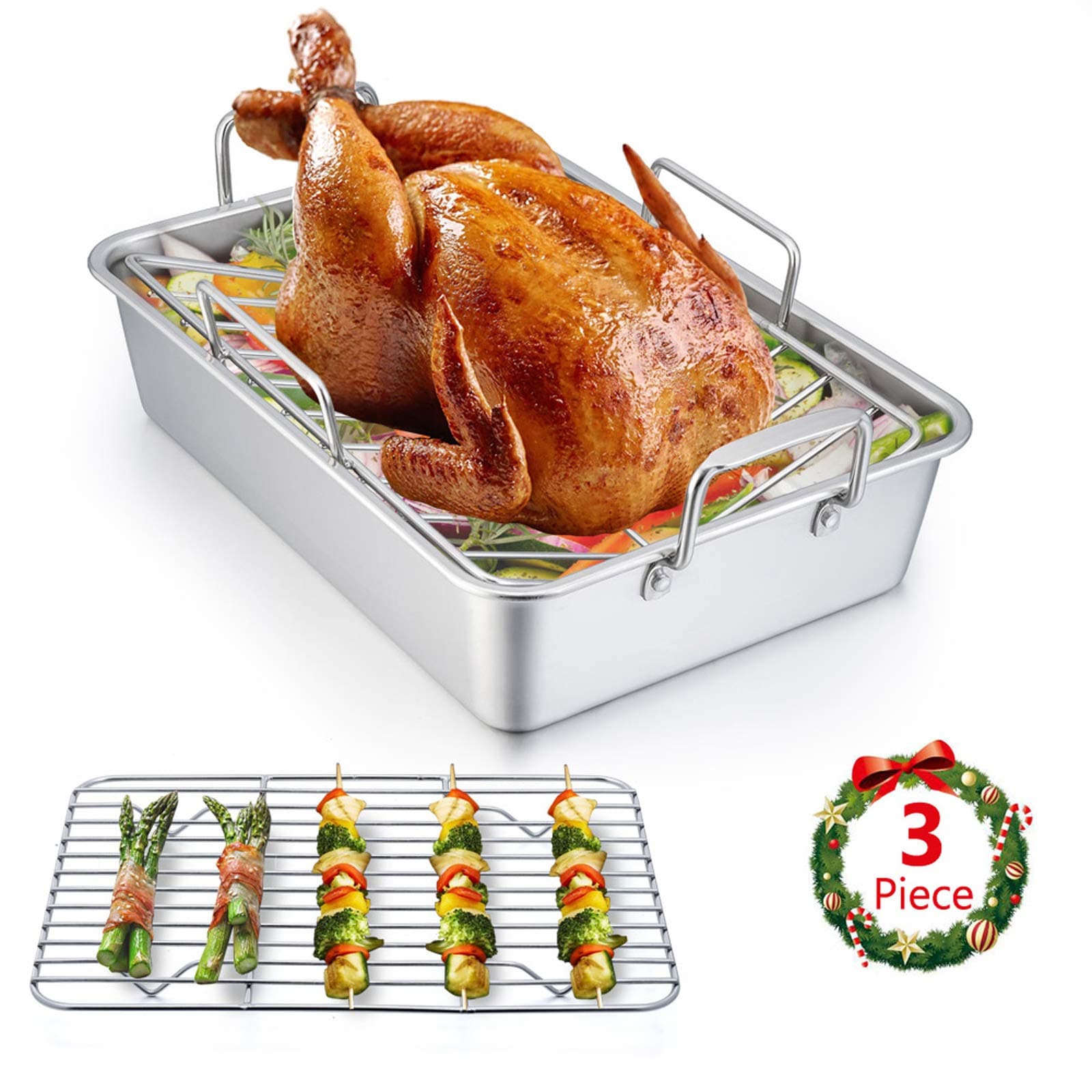 14 x 10.6 Inch Roasting Pan, Stainless Steel Turkey Roaster with V Rack & Baking Rack Set, Small Heavy Duty Deep Broiling Pan for Oven Cooking Lasagna Meat Chicken - Dishwasher Safe