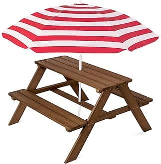 Best Choice Products Kids Wooden Picnic Table, Outdoor Activity & Dining Table w/Adjustable Collapsible Umbrella, Built-in Seats - Walnut/Red