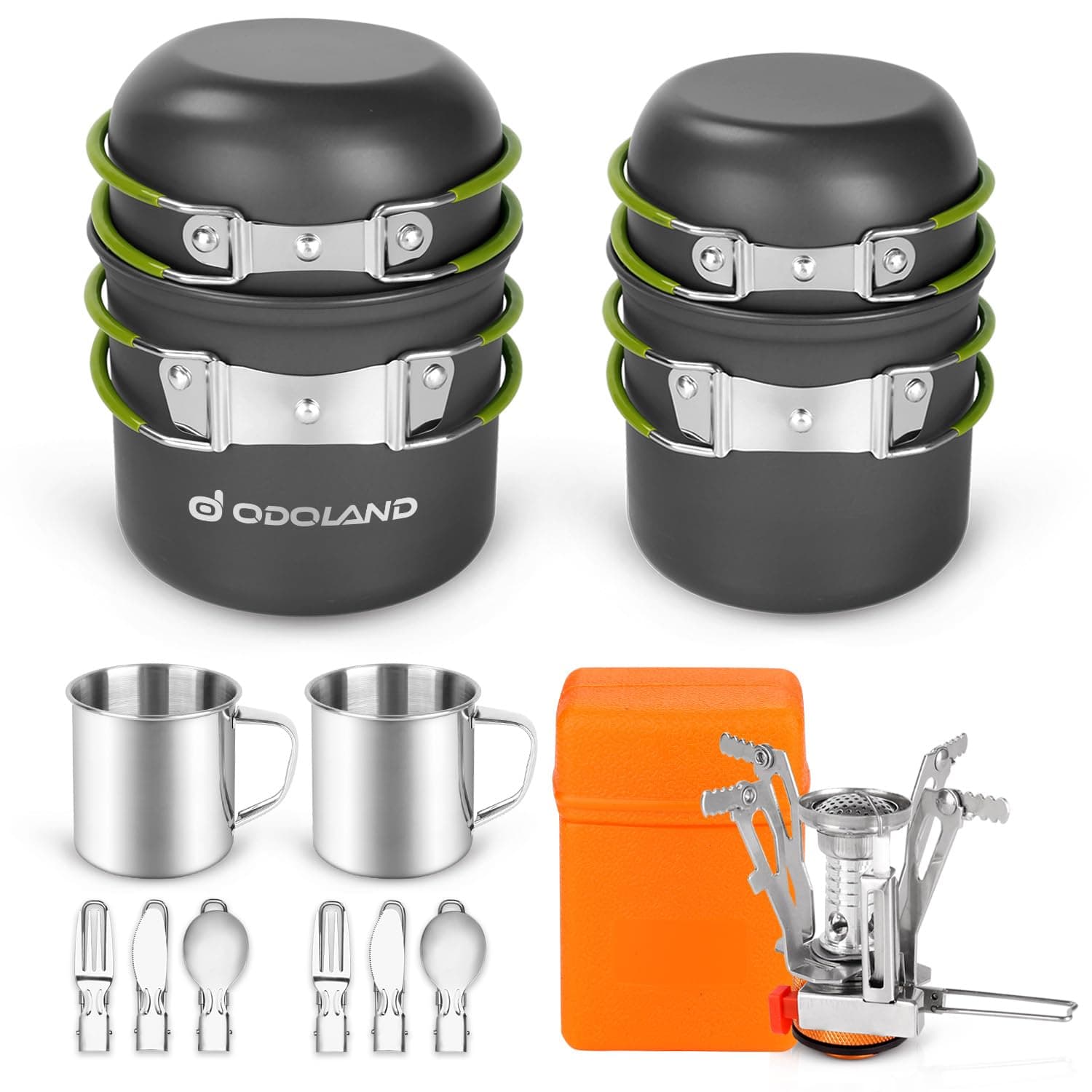 Odoland 16pcs Camping Cookware Mess Kit, Lightweight Pot Pan Mini Stove with 2 Cups, Fork Spoon Kits for Backpacking, Outdoor Camping Hiking and Picnic