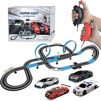 High Speed Series Tram Dual Track Set, 8.4m Electric Track with 3 Vehicles Official Licensed Slot car Racing, Comes with 2 Hand Controls and Track Parts and a Lap Counter