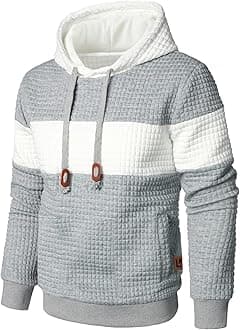 - Men’s Sweatshirts Long Sleeve Pullover Patchwork Plaid Jacquard Hoodie Casual Drawstring Hoody Top