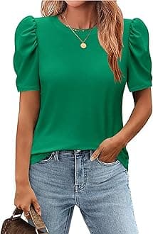Zeagoo Puffy Sleeve Tops for Women Dressy Casual Crew Neck Plain Blouses Summer Fashion Green Office Shirts Medium