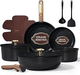 CAROTE 15Pcs Ceramic Cookware Set, Pots and Pans Set Non stick, Kitchen Cooking Set with Detachable Handle, Non Toxic Induction Cookware, Dishwasher/Oven Safe, PFAS Free, Black&Gold