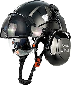 Safety Helmet with Visor Ear Muffs Work at Hight Carbon Fiber Abs Hard Hats for Industrial Construction Head Protection ANSI Z89.1 Approved（Black Hard Hat+Clear&Tinted Visor+B07 Ear Muffs）