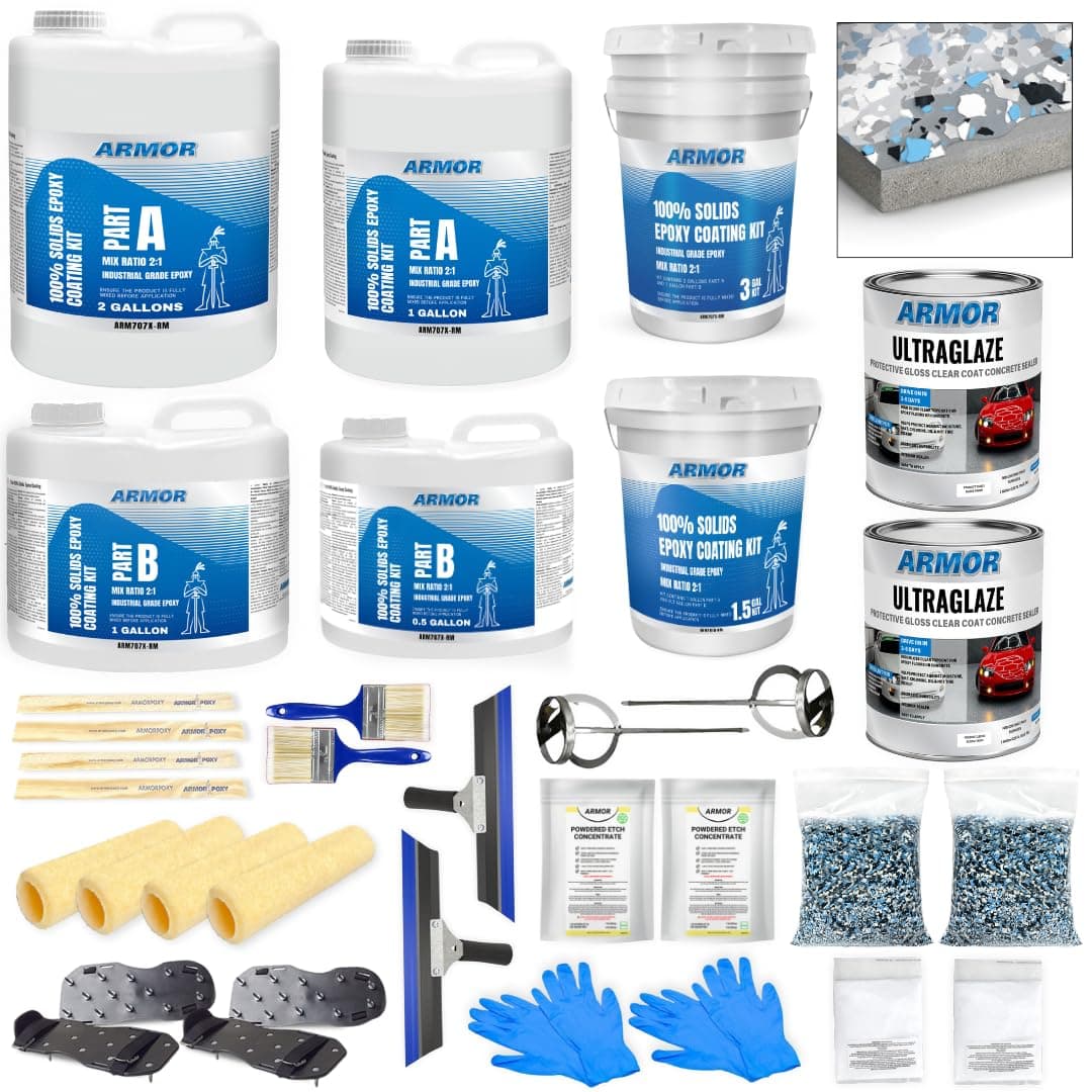 ArmorPoxy Garage Epoxy Floor Kit – 100% Solids - 2 Part Industrial-Grade Coating w/UltraGlaze Topcoat | DIY Slip & Hot Tire Resistant | 900 Sq Ft - Medium Gray- 32 pc kit
