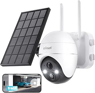 ieGeek5MP Security Cameras Wireless Outside, Solar Camera Outdoor Wireless WiFi 360° PTZ Battery Powered with Spotlight & Siren/Motion Detection/Color Night Vision/2-Way Audio/IP65, Works with Alexa