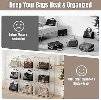 Clear Handbag Storage Organizers for Closet, 9 Packs Plastic Acrylic Handbag Purse Shoes Toy Display Case, Anti Dust Luxury Stackable Bag Container Box with Magnetic Door for Pocketbook Clutch