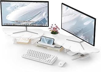 Dual Monitor Stand Riser, Wing-Shaped Sturdy Desktop Wood Stand for 2 Monitors, White Riser for Laptop, PC, Computer