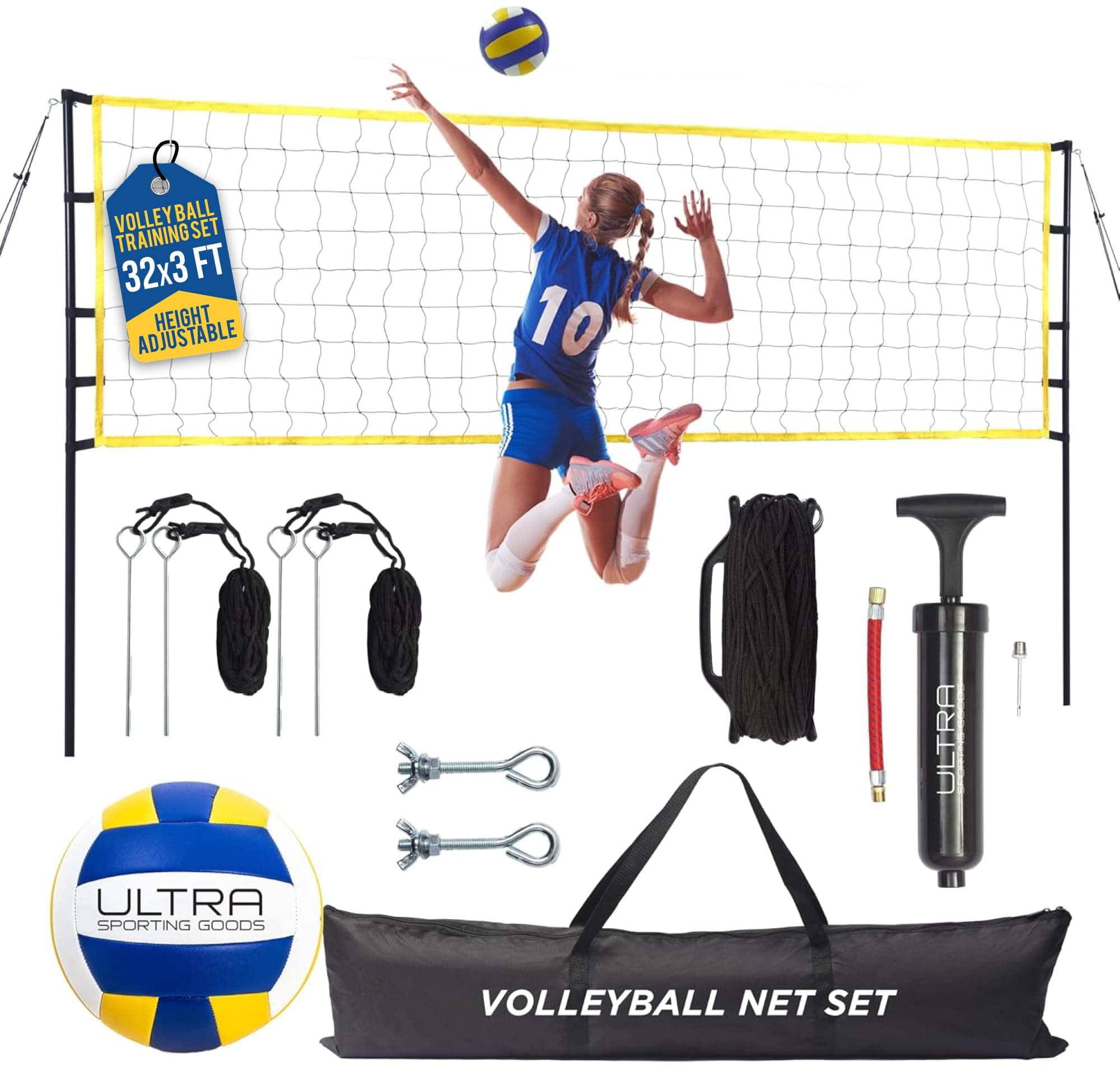 Volleyball Net for Backyard, Beach, Home, Includes 32x3 Ft Regulation Size Net, 8.5-Inch PU Volleyball, Carrying Bag, Boundary Lines, Steel Poles & Pump, Portable Volleyball Net Outdoor and Indoor