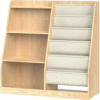 CHOEZON 4-Tier Kids Bookshelf and Toy Storage, 6 Layer Fabric Toddler Bookshelf, Kids Toy Storage Organizer, Sling Kids Bookcase, for Playroom, Bedroom, Nursery, Classroom, Natural and White MCW05NL