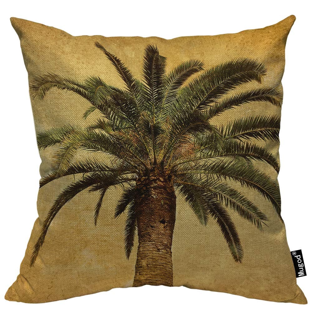 Mugod Palm Tree Throw Pillow Case Hawaiian Tropical Palms Leaf Vintage Green Yellow Decorative Cotton Linen Square Cushion Covers Pillowcase Couch Sofa Men/Women 18x18 Inch
