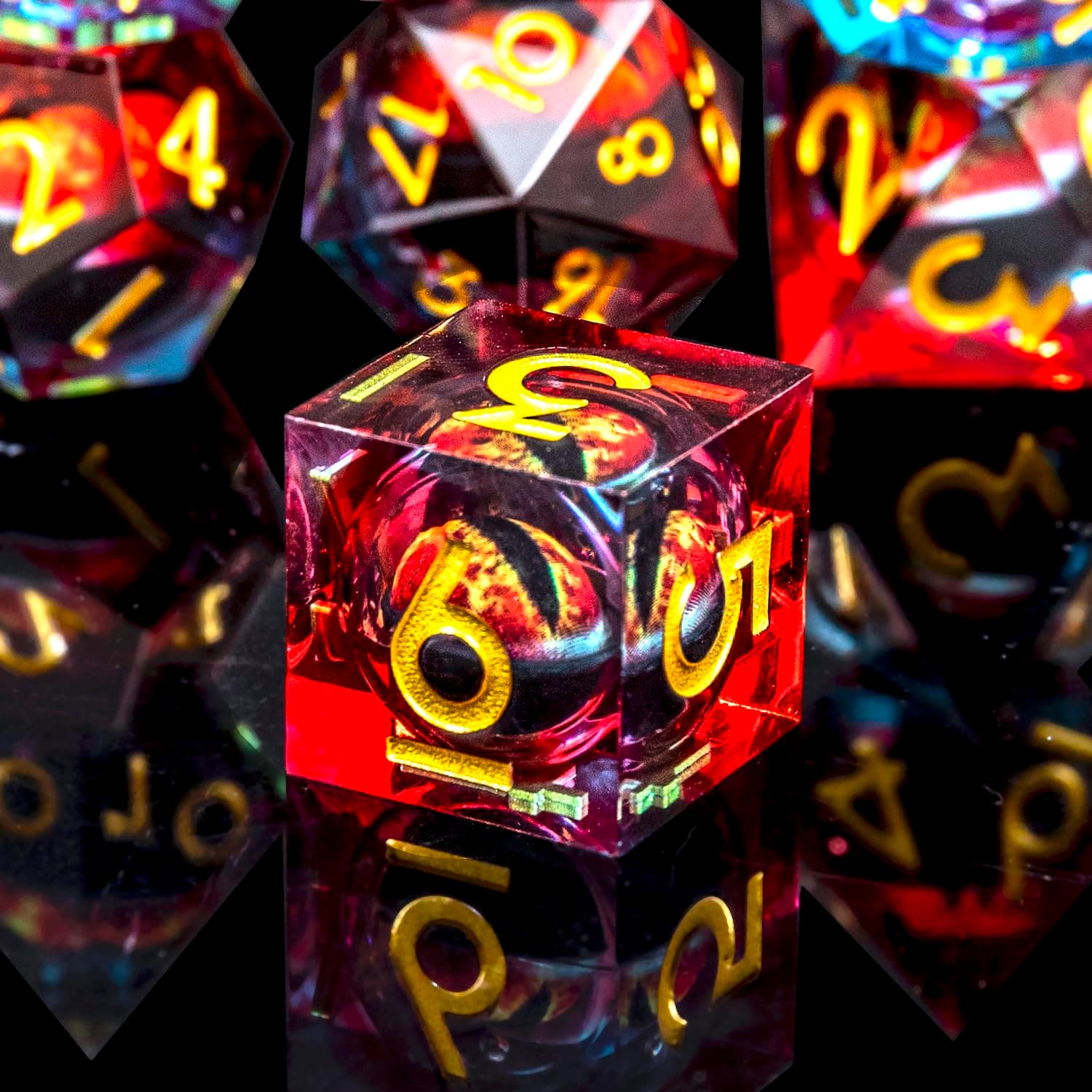 Beholder's Dragon Eye DND Dice Set, 7pcs Liquid Core Dice with Gift Box, Handmade Sharp Edge Resin Dice for Role Playing Dungeons and Dragons Ttrpg(Blue Red Dragon Eye)