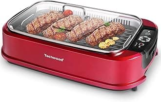 Smokeless Indoor Grill, Techwood 1500W Electric Grill Portable Korean Grill Non-Stick Grill Plates with Temperature Control, Removable Drip Tray, Tempered Glass Lid, Dishwasher-Safe