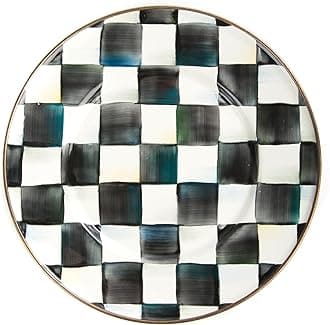 Enamel Salad and Dessert Plate, Small Plate for a Dessert or Appetizer Dish, 8 Inches, Black-and-White Courtly Check