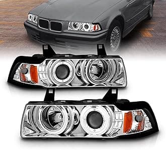 AmeriLitefor 1992-1998 BMW 3 Series E36 4-Door 1pc LED Halo Chrome Projector Headlights Assembly Set - Passenger and Driver Side