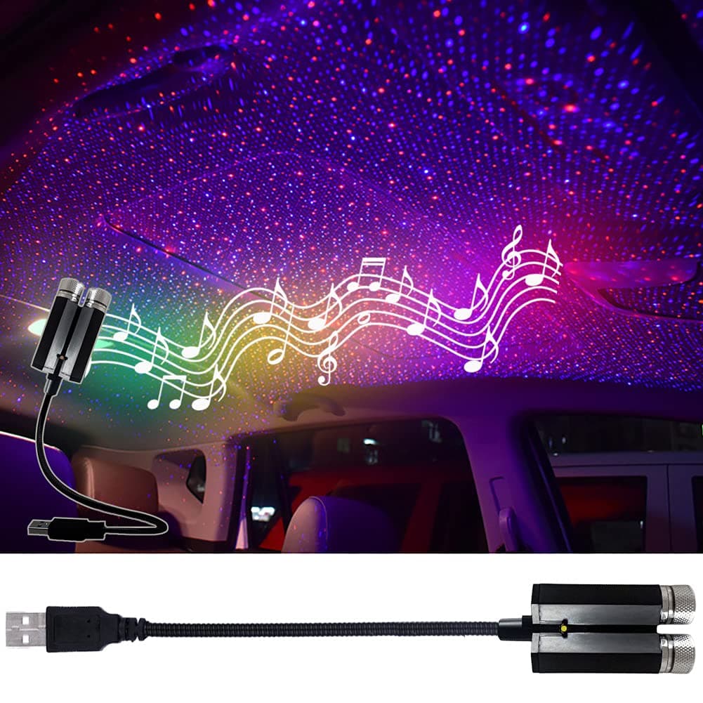 USB Star Night Lights Projector, LEDCARE Sound Activated 3 Modes 2 in 1 Interior Car Roof Lamp, Adjustable Romantic Portable LED Lights for Car Ceiling Bedroom Decoration, Red Purple