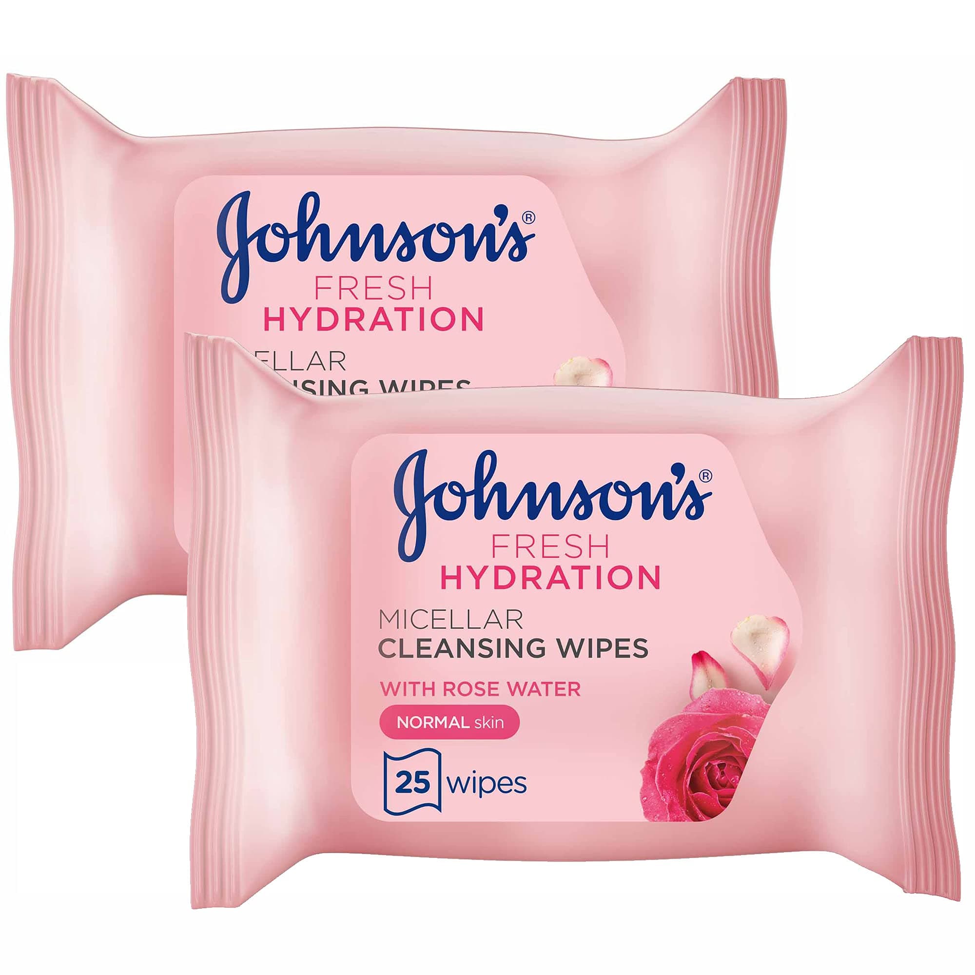 Johnson & Johnson Fresh Hydration Micellar Cleansing Wipes, Pack of 2x25 Wipes, with Rose Water, for Normal Skin Types, Targeted Eye Makeup Removal, Gentle Makeup Removing Wipes, Refreshing Hydration