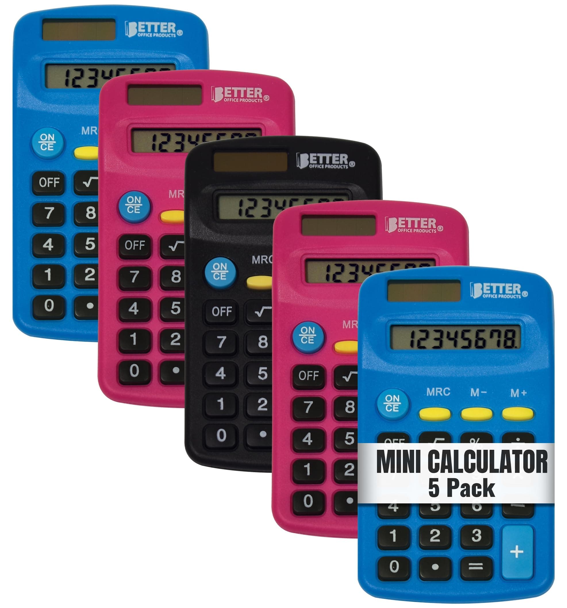 Better Office Products Pocket Size Mini Calculators, 5 Pack, Handheld Angled 8-Digit Display, Standard Function, Assorted Colors (Blue, Black, Pink), Dual Power with Included AA Battery Power