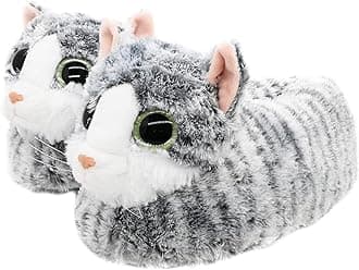 Onmygogo Indoor Fuzzy Winter Animal Cat Plush Slippers for Women Men Kids,Faux Fur,Warm House Slipper
